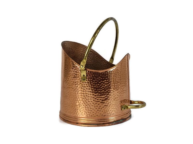 Vintage Hammered Brass Copper Pail Coal Shuttle Kettle Planter Mécap Belgium