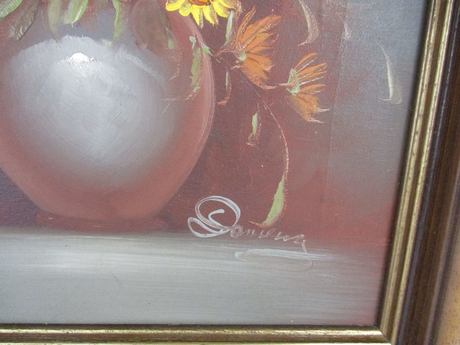 Small Oil Painting On Canvas Framed Still Life  Flowers Vase Floral Signed photo furniture