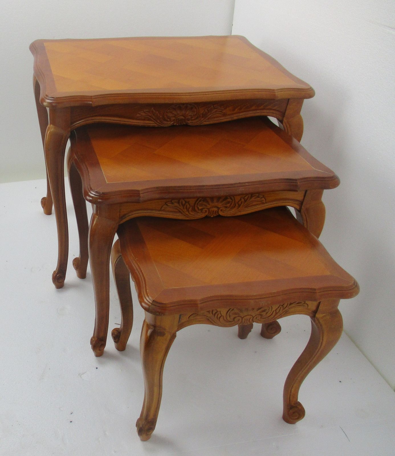 Set Of 3 Mid Century Wooden Stacking Nesting Side Tables Inlay Look photo vinterior