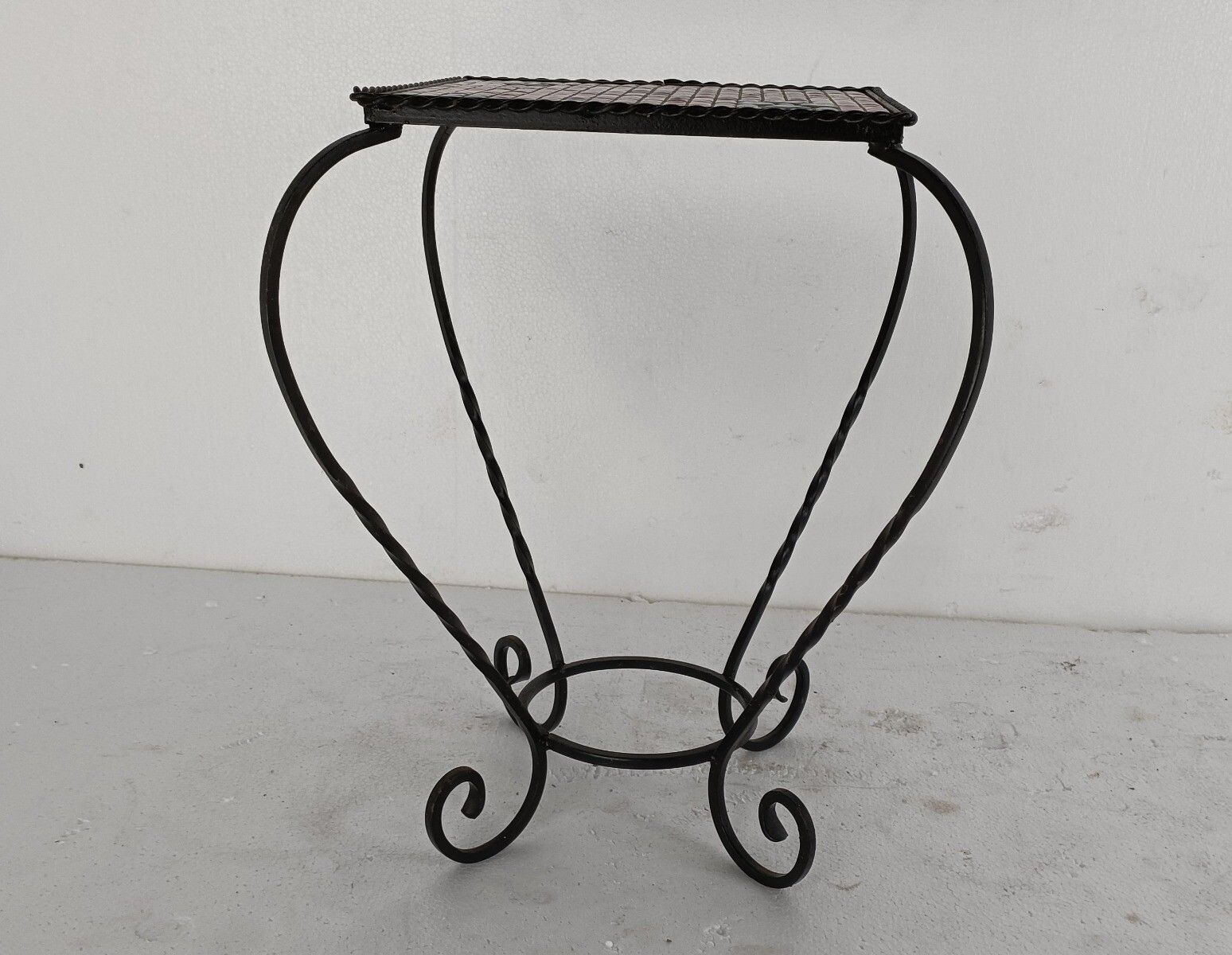 Vintage Small Side Table Plant Stand Mosaic Tiles Checkered Pattern Wrought Iron photo furniture
