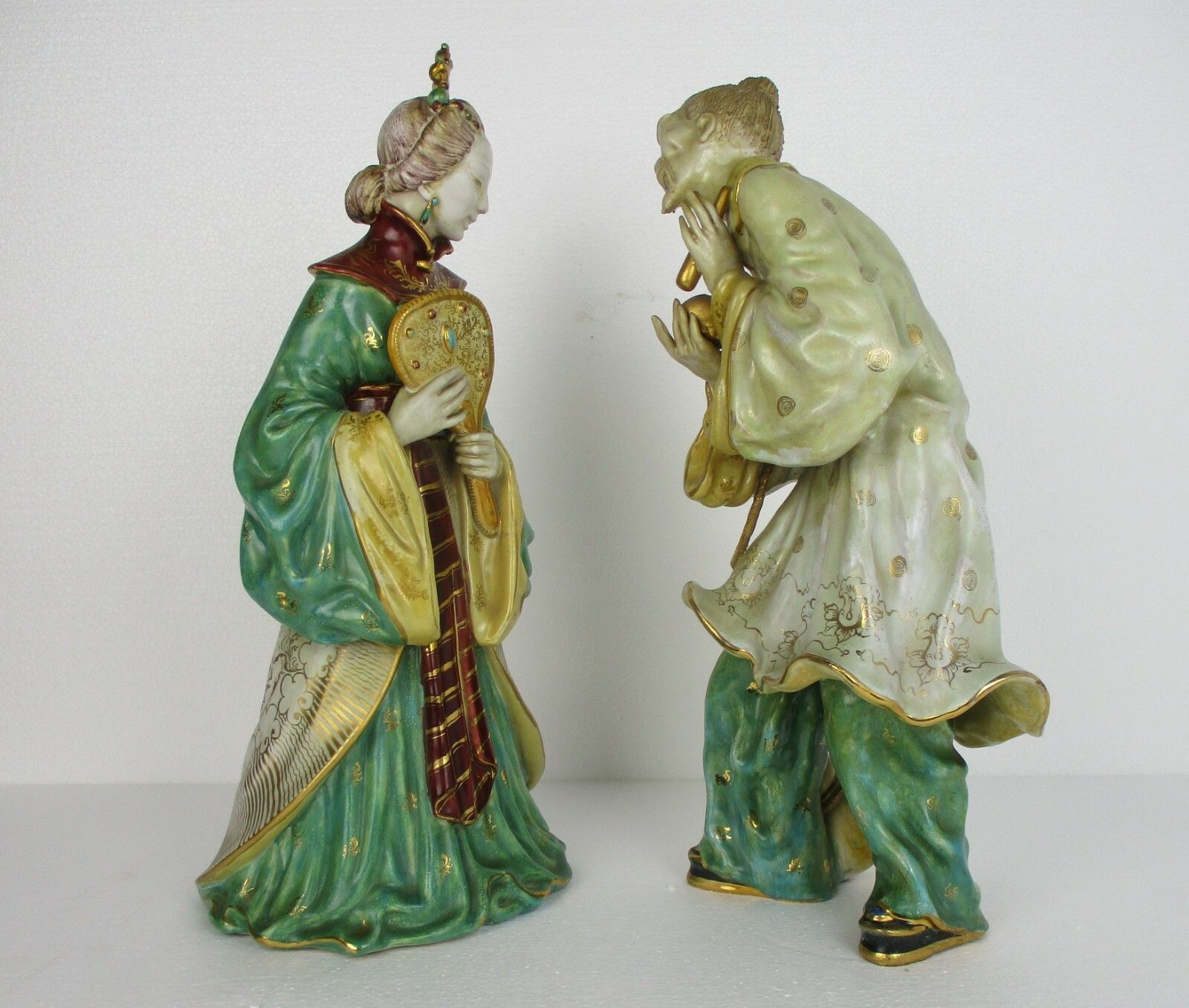 Couple Eugenio Pattarino Italy Polychrome  Statues Sculptures Chinese Couple Htf photo for sale