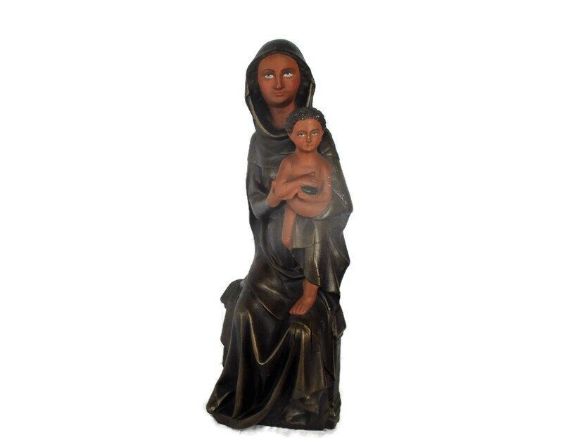 Statue Virgin Mary Our Lady Madonna Statue Infant Child Polychrome Plaster 70s 2
