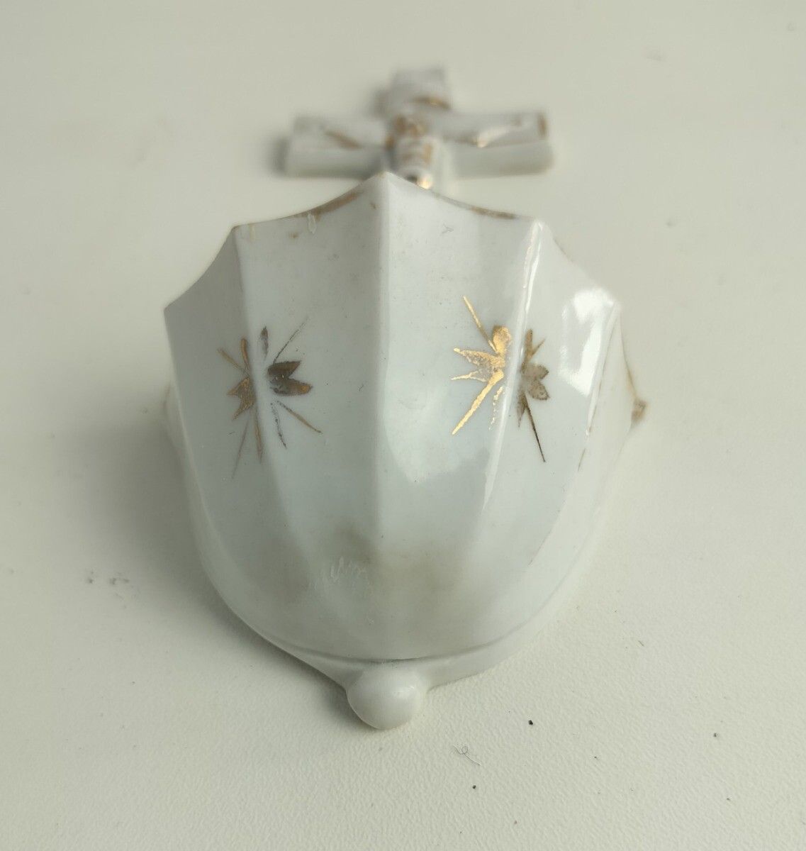 Small Antique Gorgeous Holy Water Font Bisque Porcelain Wall Hanging Vessel Cruc photo for sale