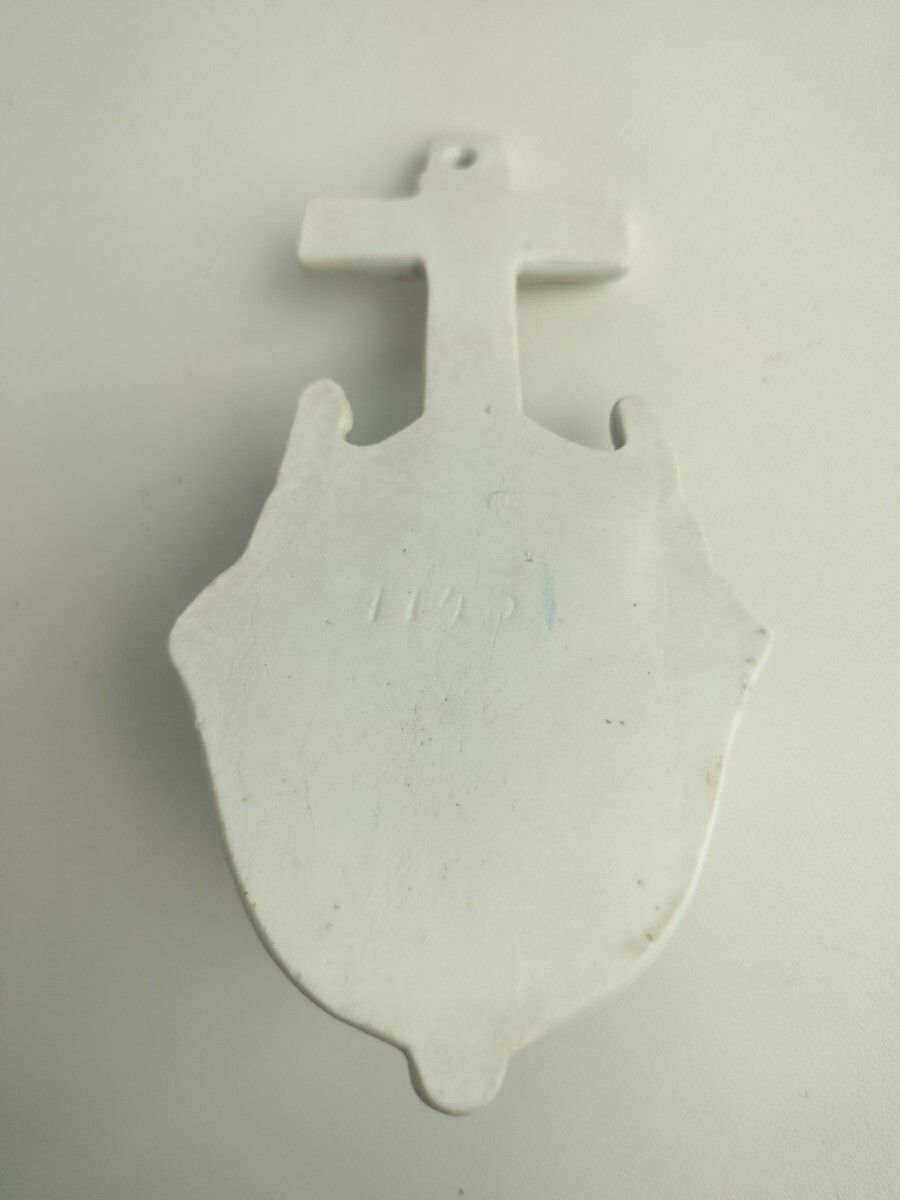 photo furniture Small Antique Gorgeous Holy Water Font Bisque Porcelain Wall Hanging Vessel Cruc
