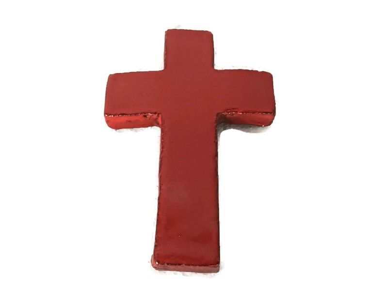 Vintage Ceramic Hand Made Hanging Crucifix Cross Wall Hanging Glazed Red