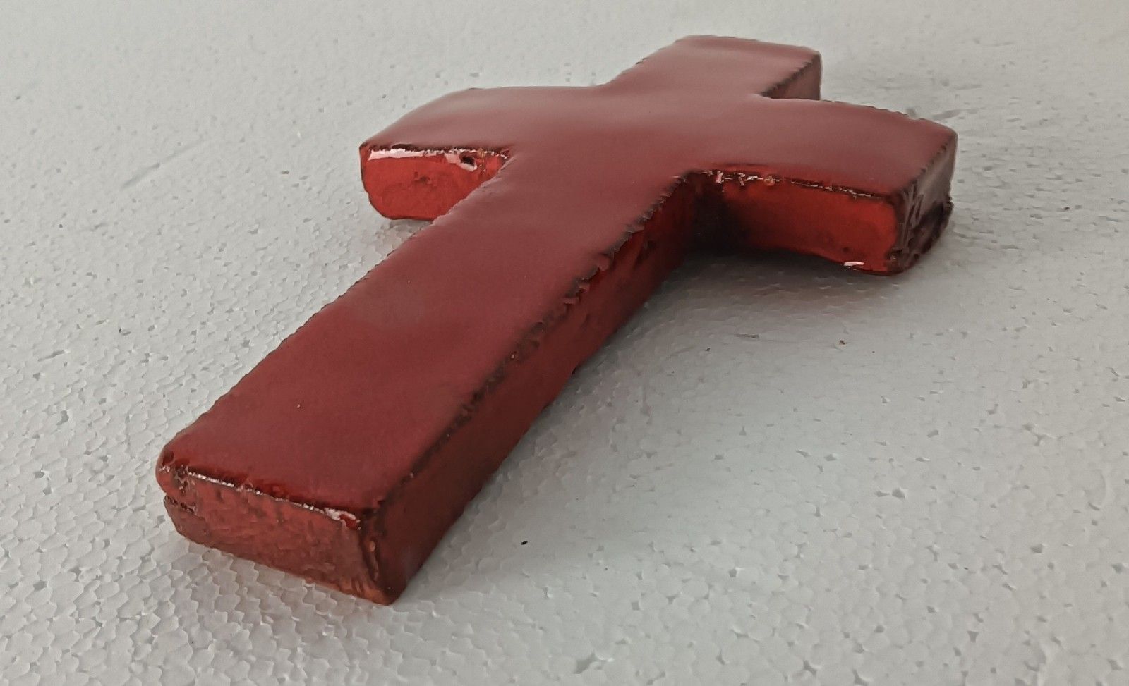 Vintage Ceramic Hand Made Hanging Crucifix Cross Wall Hanging Glazed Red photo 57.0
