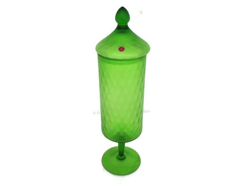 Vintage Goblet Apothecary Jar Lidded Swirled Opt Glass Green Mid Century Funky I