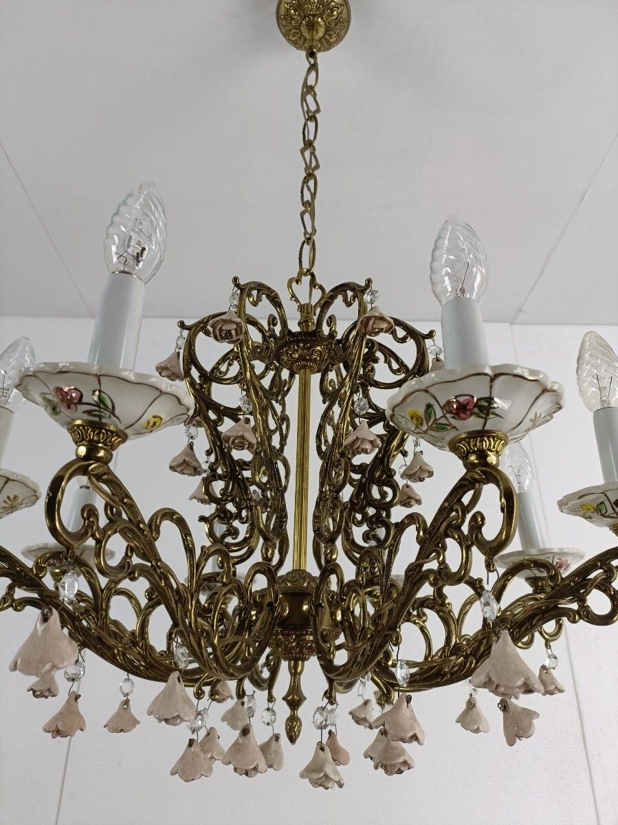 Impressive Chandelier Brass  Porcelain Flowers Prisms 8 Arm Lights Wow photo vinterior