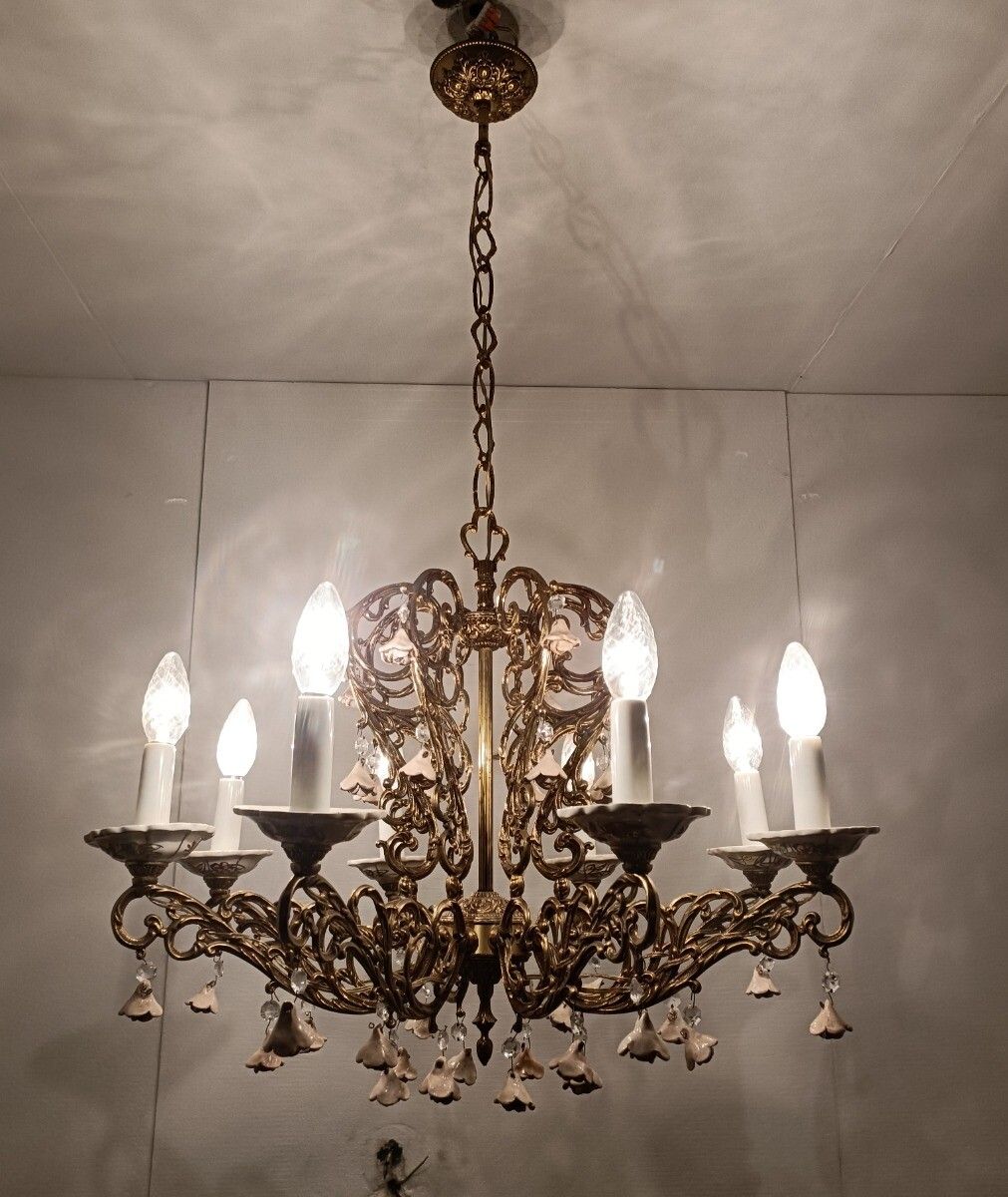 Lighting Impressive Chandelier Brass  Porcelain Flowers Prisms 8 Arm Lights Wow photo