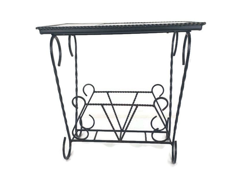 Vintage Mid Century Modern Magazine Newspaper Basket Rack Side Table Ceramic Til photo furniture