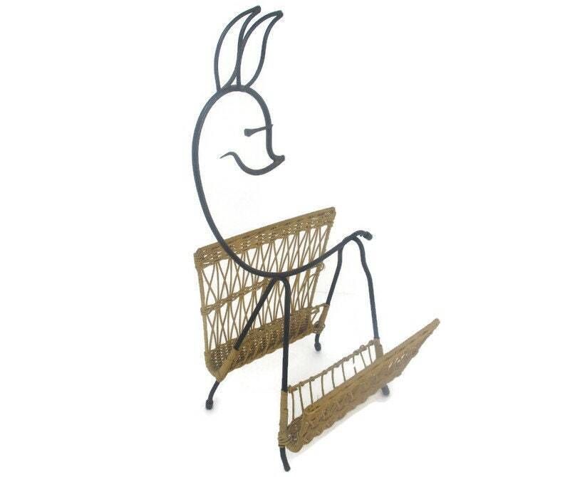 Mid Century Modern Rattan Magazine Newspaper Basket Rack Box Funky With Deer