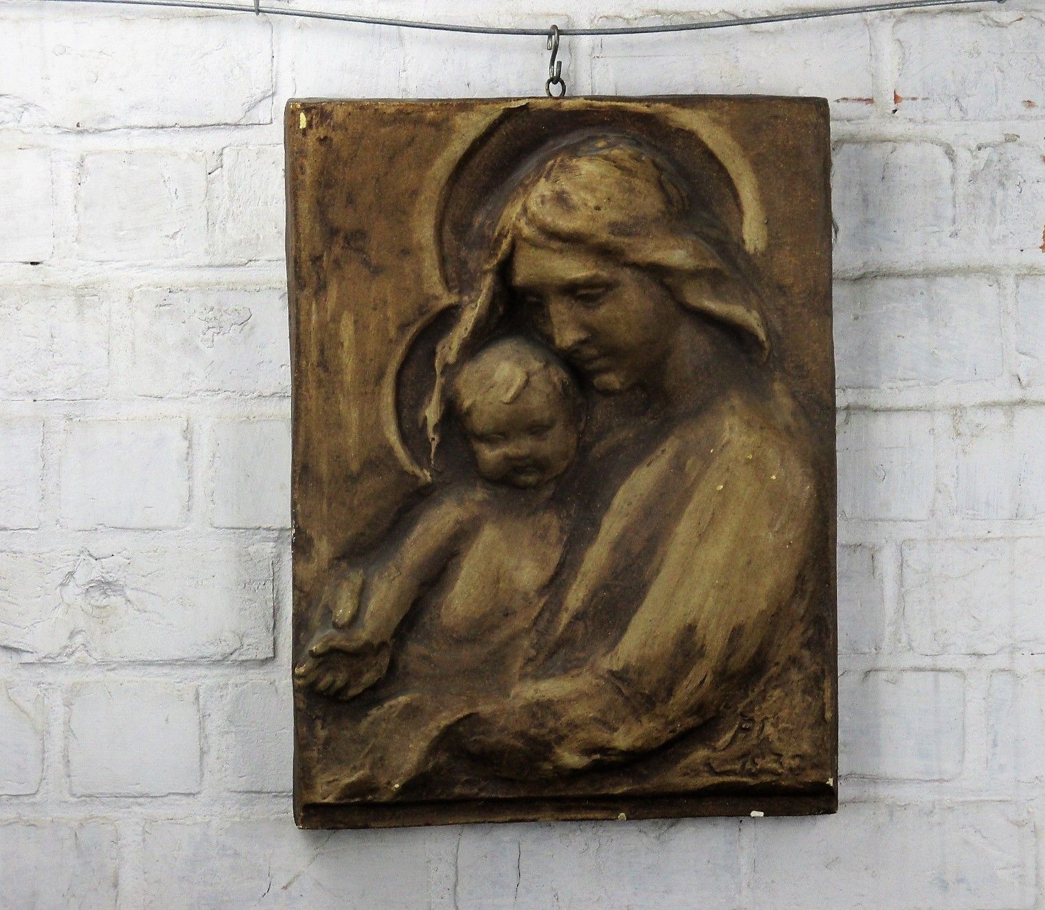 Wall Plaque Tile Plaster Mother Mary With Infant Child Tenderness Signed 17.32" photo furniture