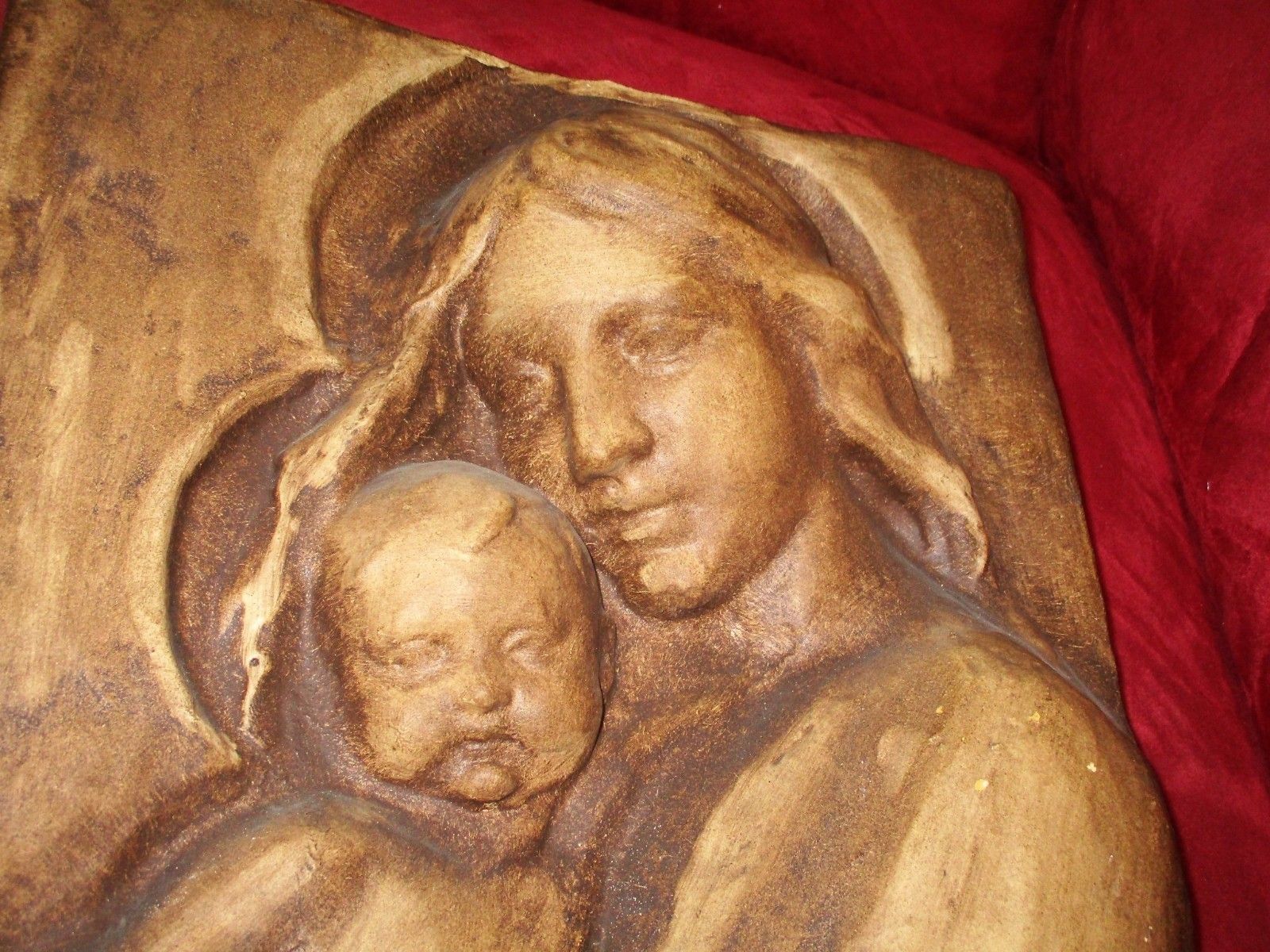 Wall Plaque Tile Plaster Mother Mary With Infant Child Tenderness Signed 17.32" photo buy