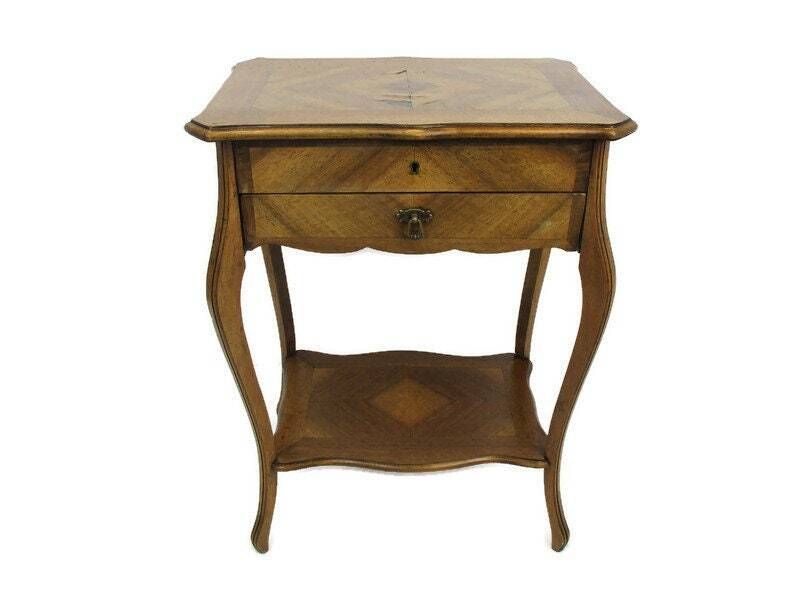 Antique Art Nouveau Inlay Wood Sewing Quilting Box Table Cabinet Two Tier Gorgeo