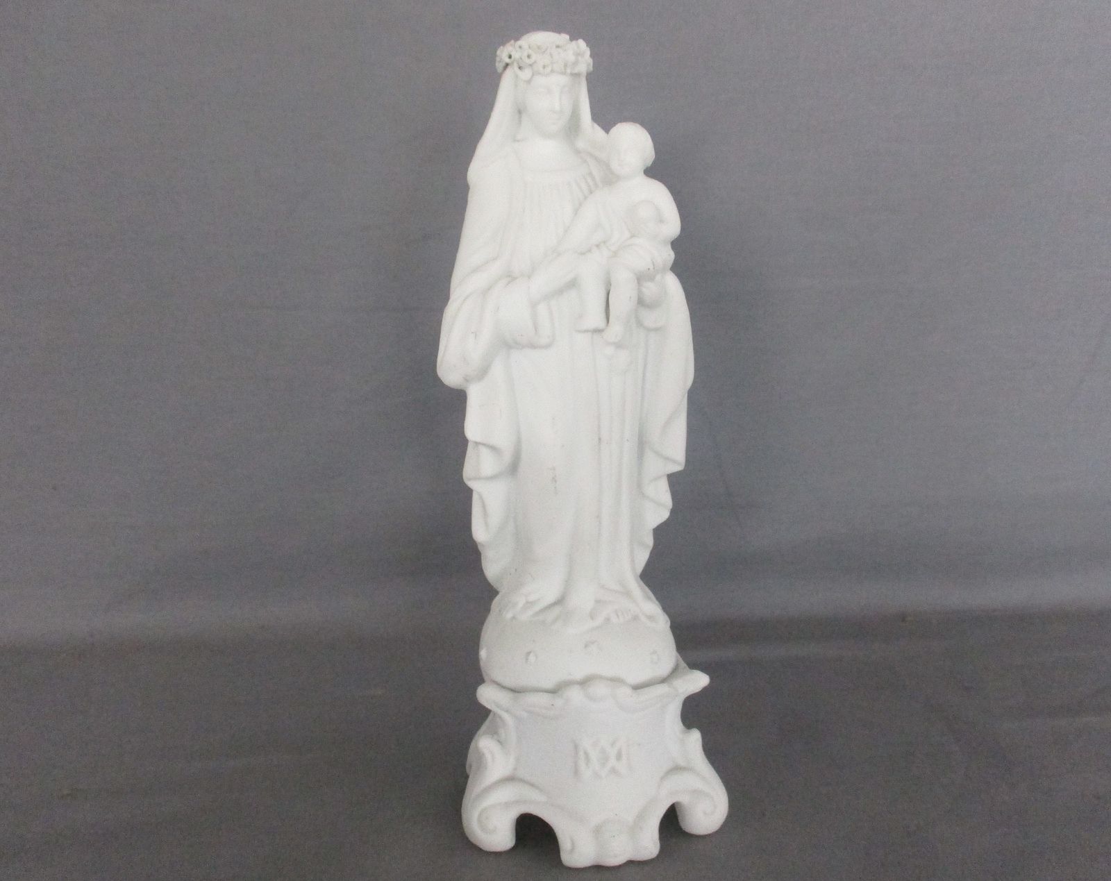 Antique Bisque Porcelain Statue Virgin Our Lady Mary Madonna With Infant Jesus F