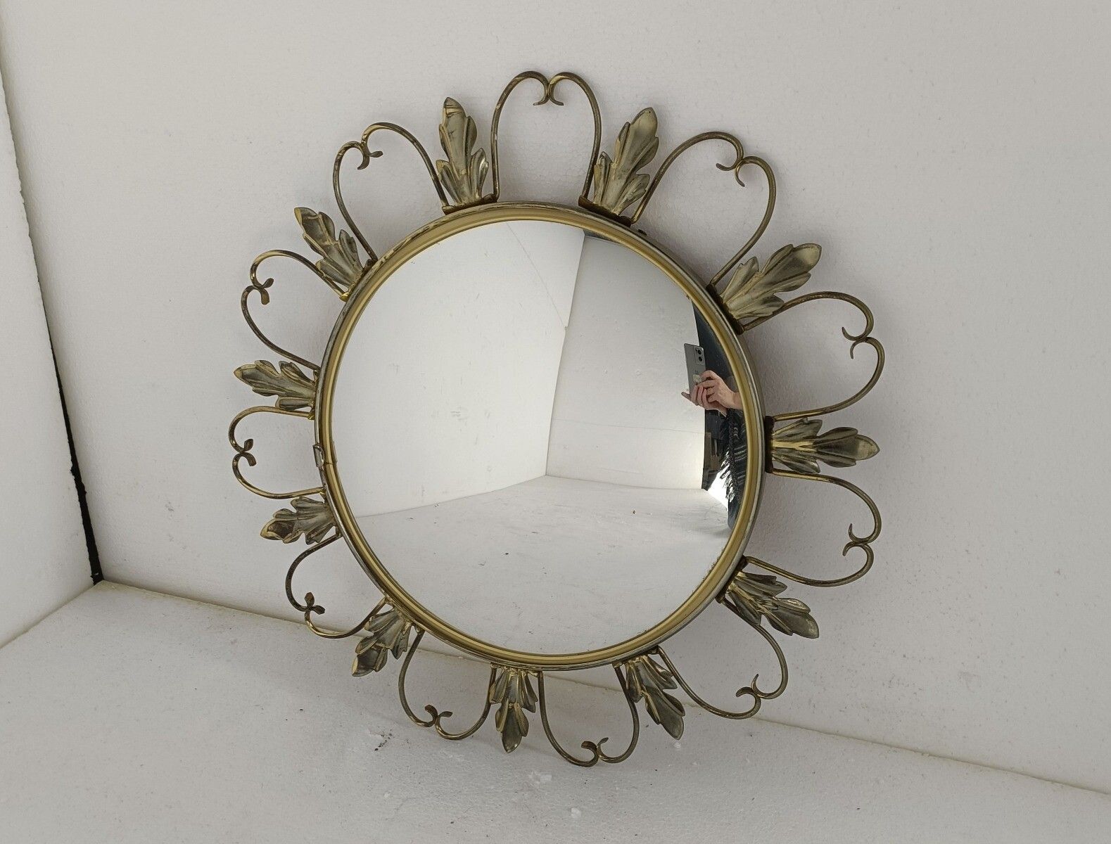 Retro Modernist Starburst Sunburst Metal Wall Convex Mirror Mid Century Leafs Re photo for sale