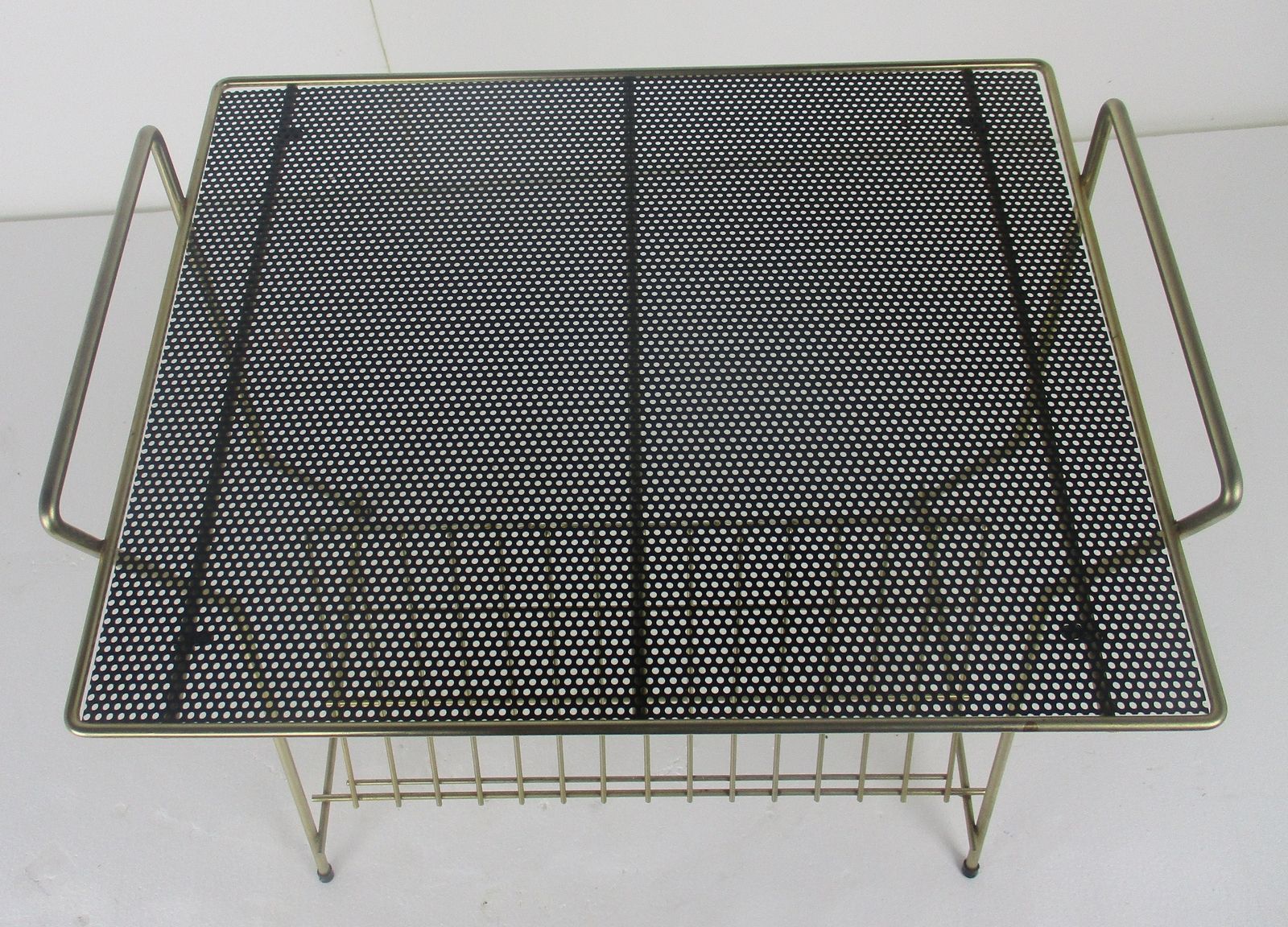 Atomic Perforated Wire Iron Cart Trolley Music Albums Side Table Mid Century M photo for sale