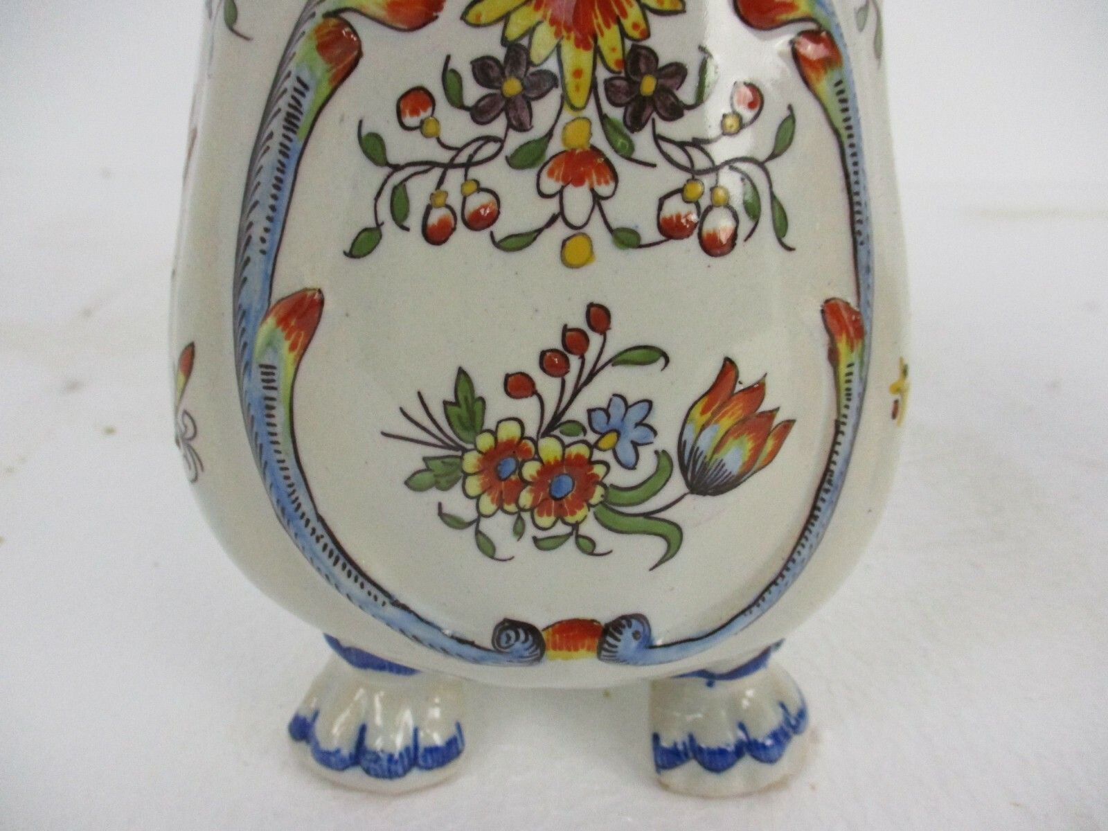 Pair French Vieux Rouen Polychrome Porcelain Vases Marked Dragon Handles Wow photo for sale