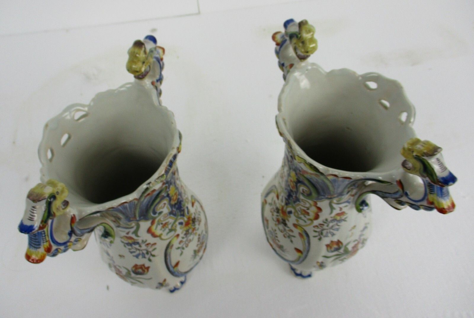 Pair French Vieux Rouen Polychrome Porcelain Vases Marked Dragon Handles Wow photo 482.0