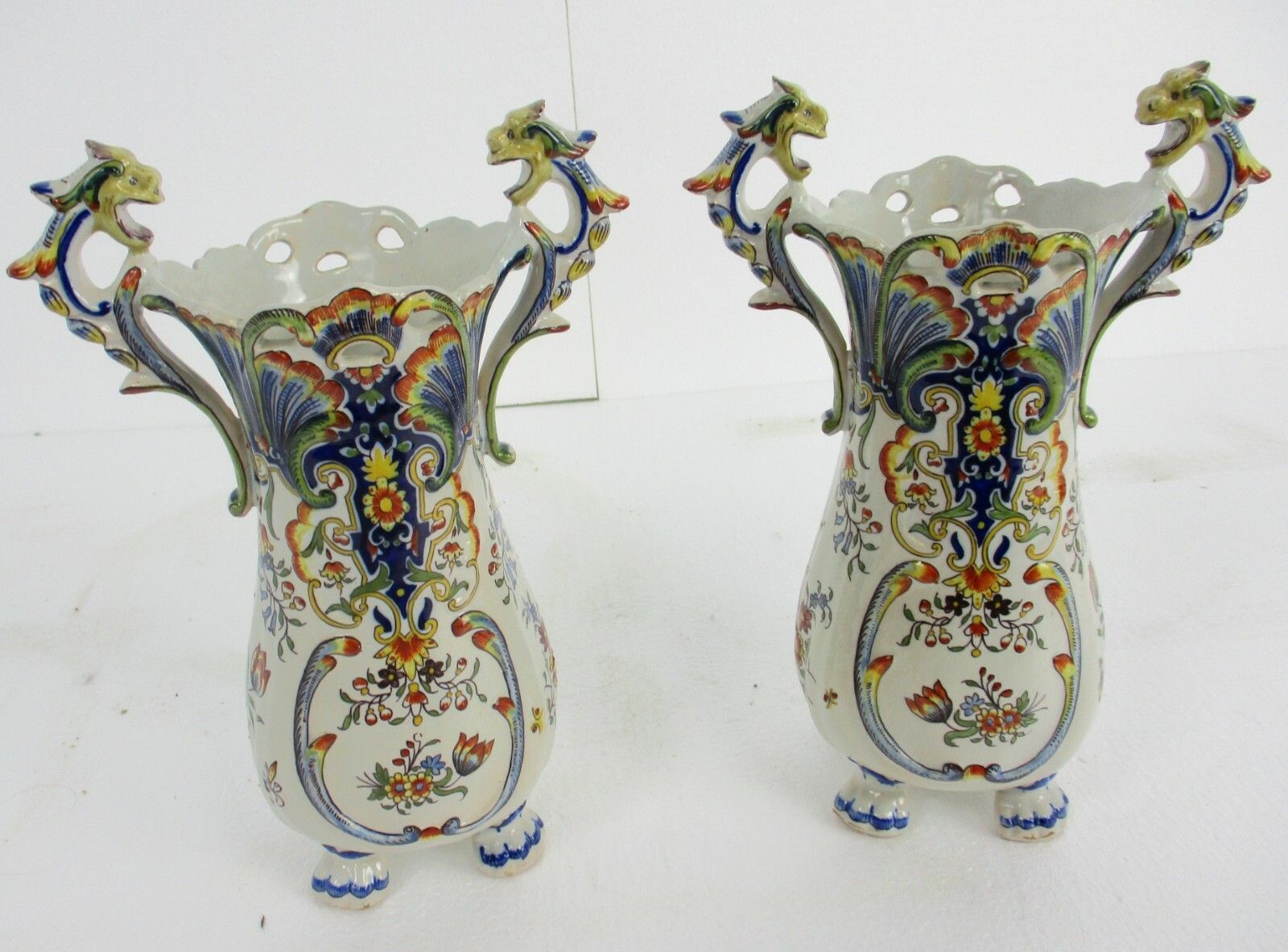 Pair French Vieux Rouen Polychrome Porcelain Vases Marked Dragon Handles Wow photo buy