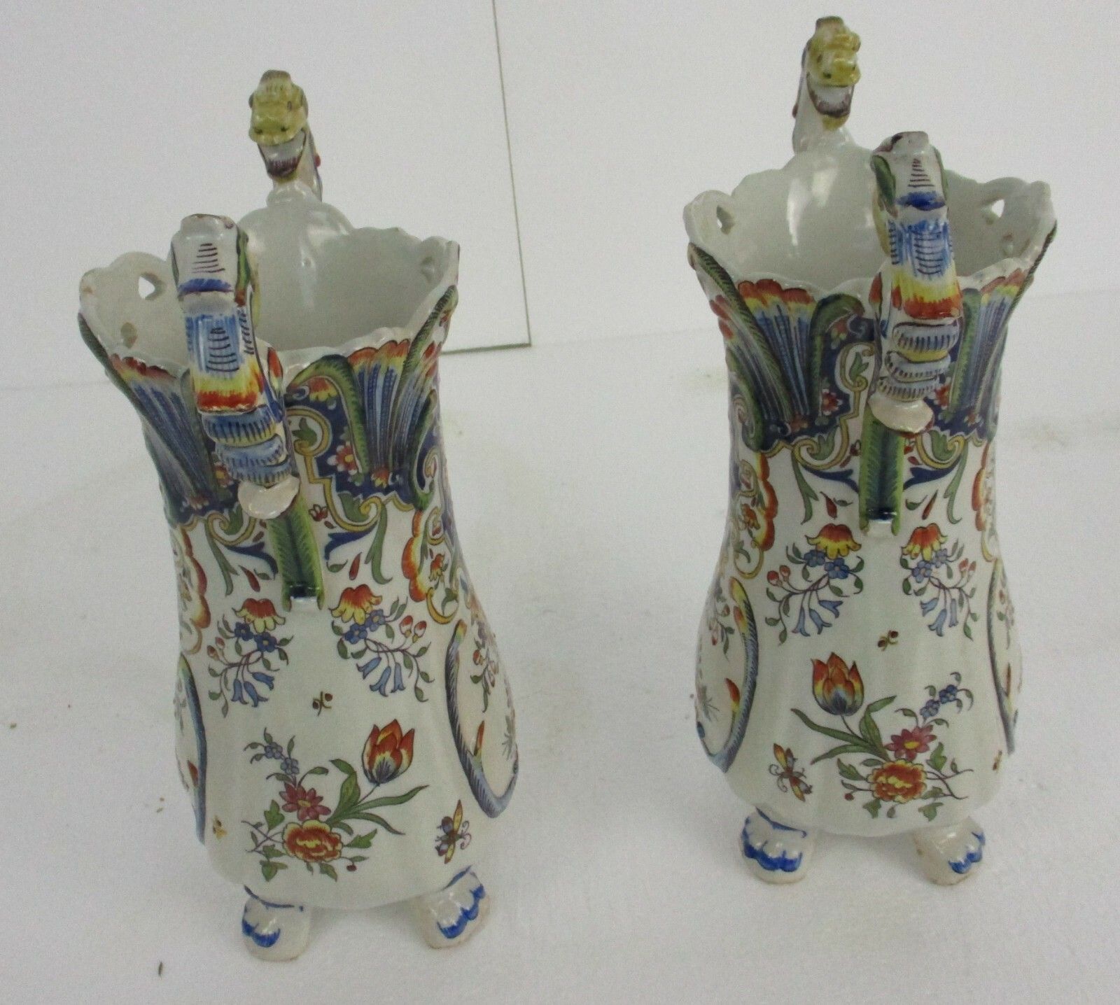 Pair French Vieux Rouen Polychrome Porcelain Vases Marked Dragon Handles Wow photo vintage