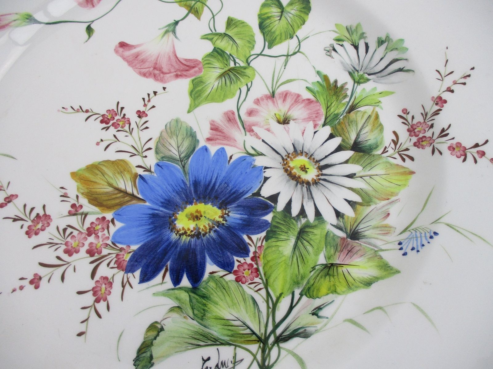 Large Charger Wall Plate After T. Luis Marked Hand Painted Lovely Flowers photo for sale