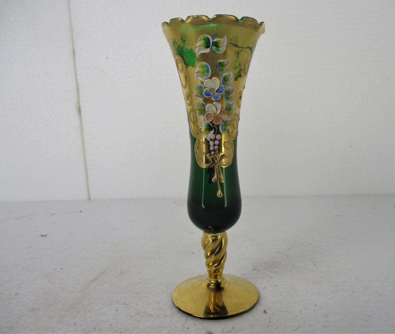 Moser Art Glass Hand Painted Small Vase Glass Twisted Stem Gold Gilded Bohemian photo furniture