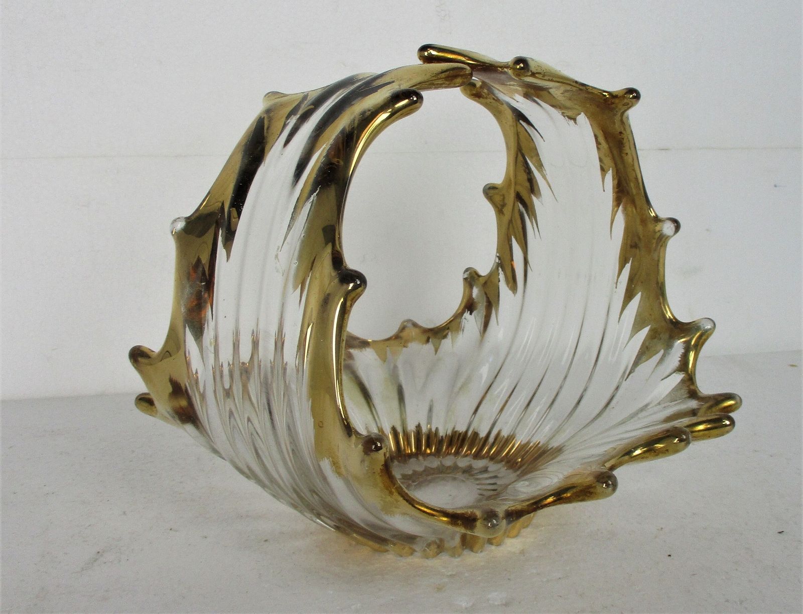 Art Glass Amber Champagne Clear Bowl Dish Centerpiece Murano Style Basket photo for sale