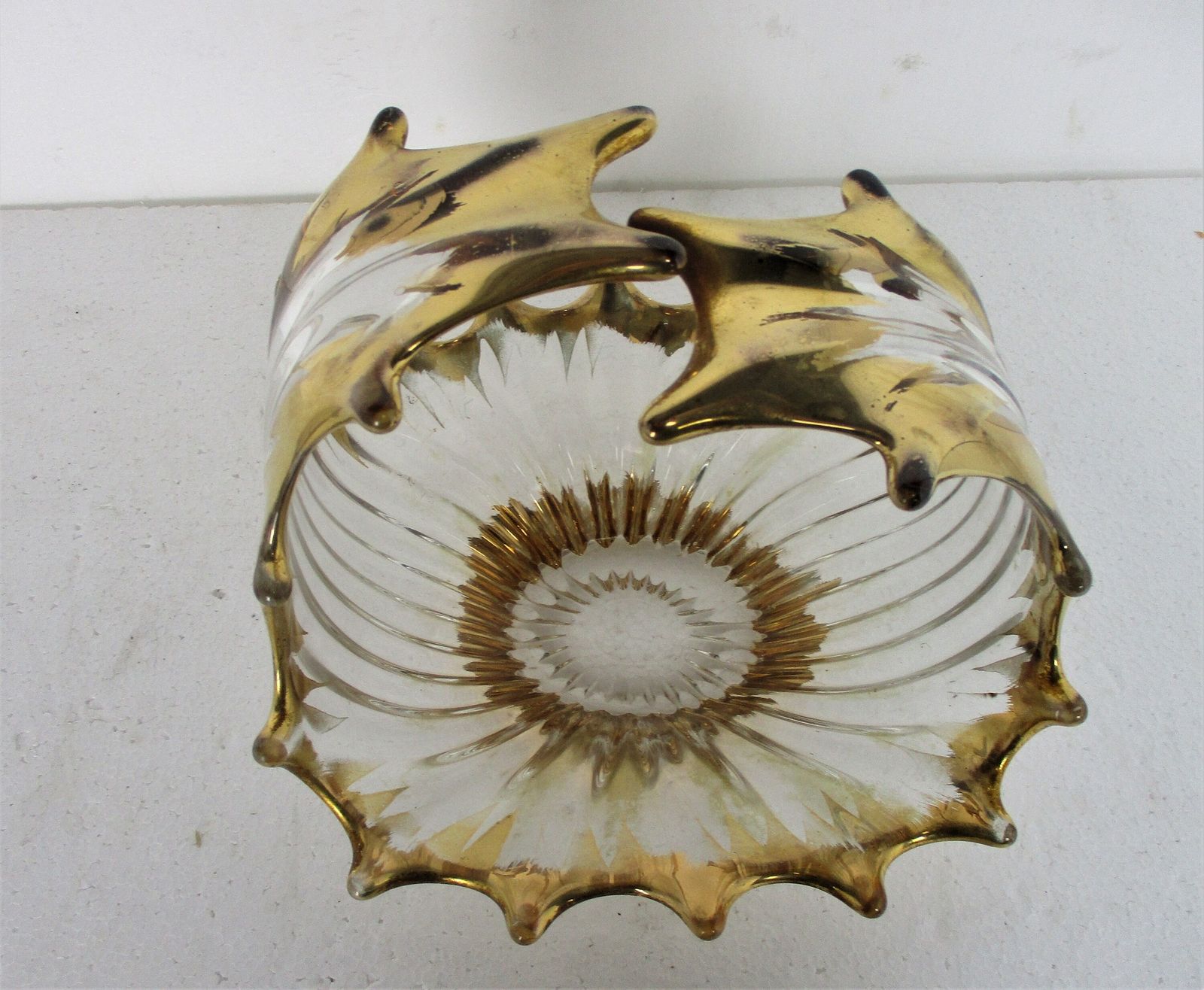 Art Glass Amber Champagne Clear Bowl Dish Centerpiece Murano Style Basket photo 73.0