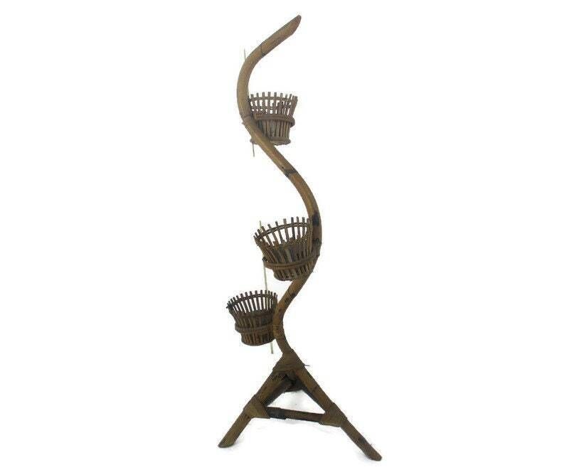 Standing Floor Planter Wicker Bamboo Rattan 3 Tier Planters Mid Century Modernis
