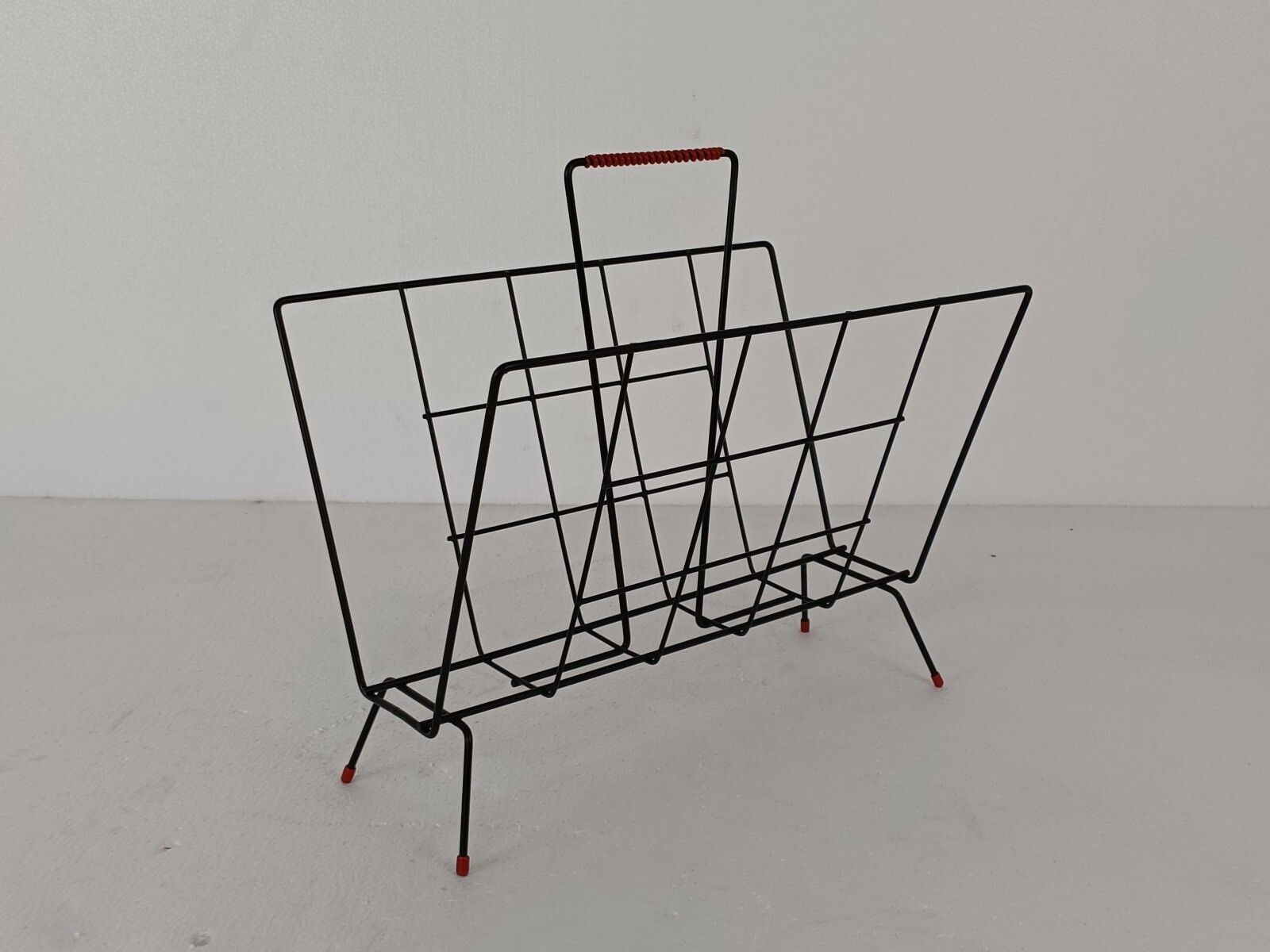 Vintage Mid Century Modern Magazine Newspaper Basket Rack Funky  Wrought Iron Ma photo for sale