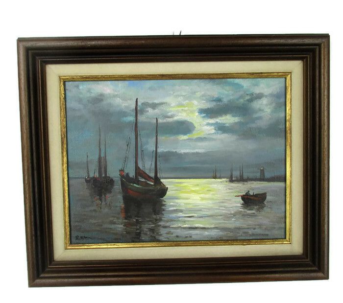 Lovely Oil Painting Framed Sailing Boats Signed R. Klein Expressionism