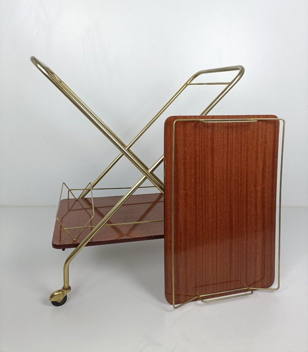 Foldable Bar Cart Kitchen Island Coctail Cart Serving Tray Vintage Veneer Chrome photo vintage