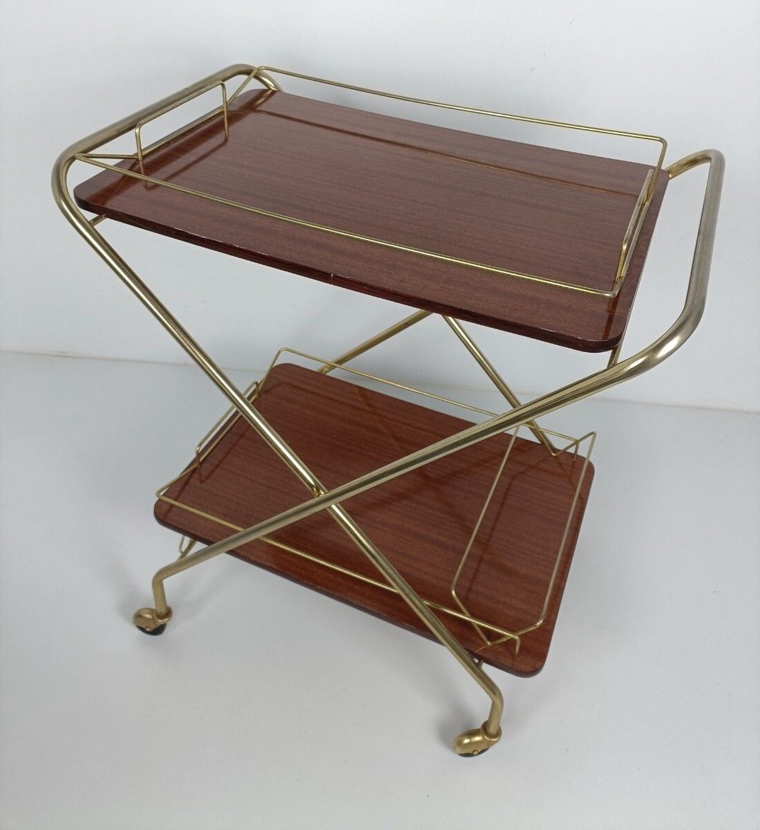 photo furniture Foldable Bar Cart Kitchen Island Coctail Cart Serving Tray Vintage Veneer Chrome