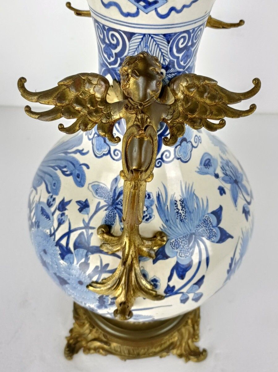 Xl Vase Lovecup Delft Blue White Brass Handles Angels Peacock Feathers Vintage photo vinterior
