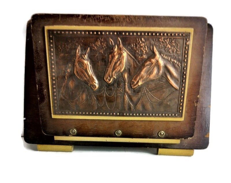 Magazine Letter Box Wall Hanging Art Deco Hammered Copper Plate On Wood Horses L