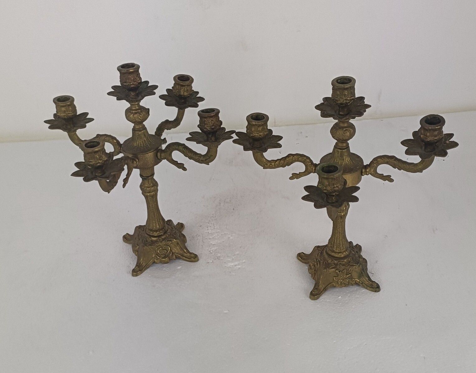 Couple Candle Holders Brass Ornate Hollywood Regency Style Candelabra 5 Arm photo for sale