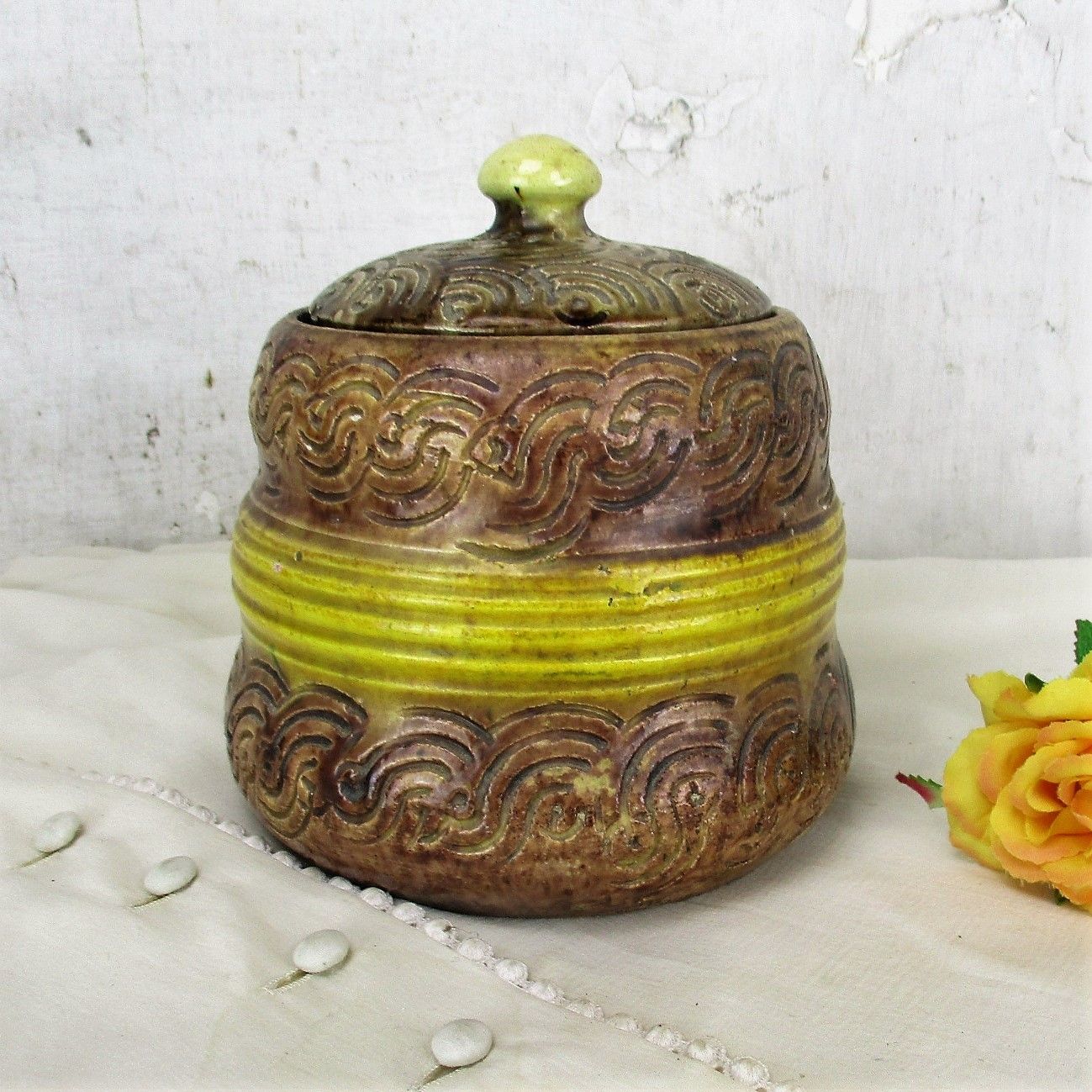 Antique Tobacco Jar Humidor  Ceramic Pottery Majolica Brown Yellow photo furniture
