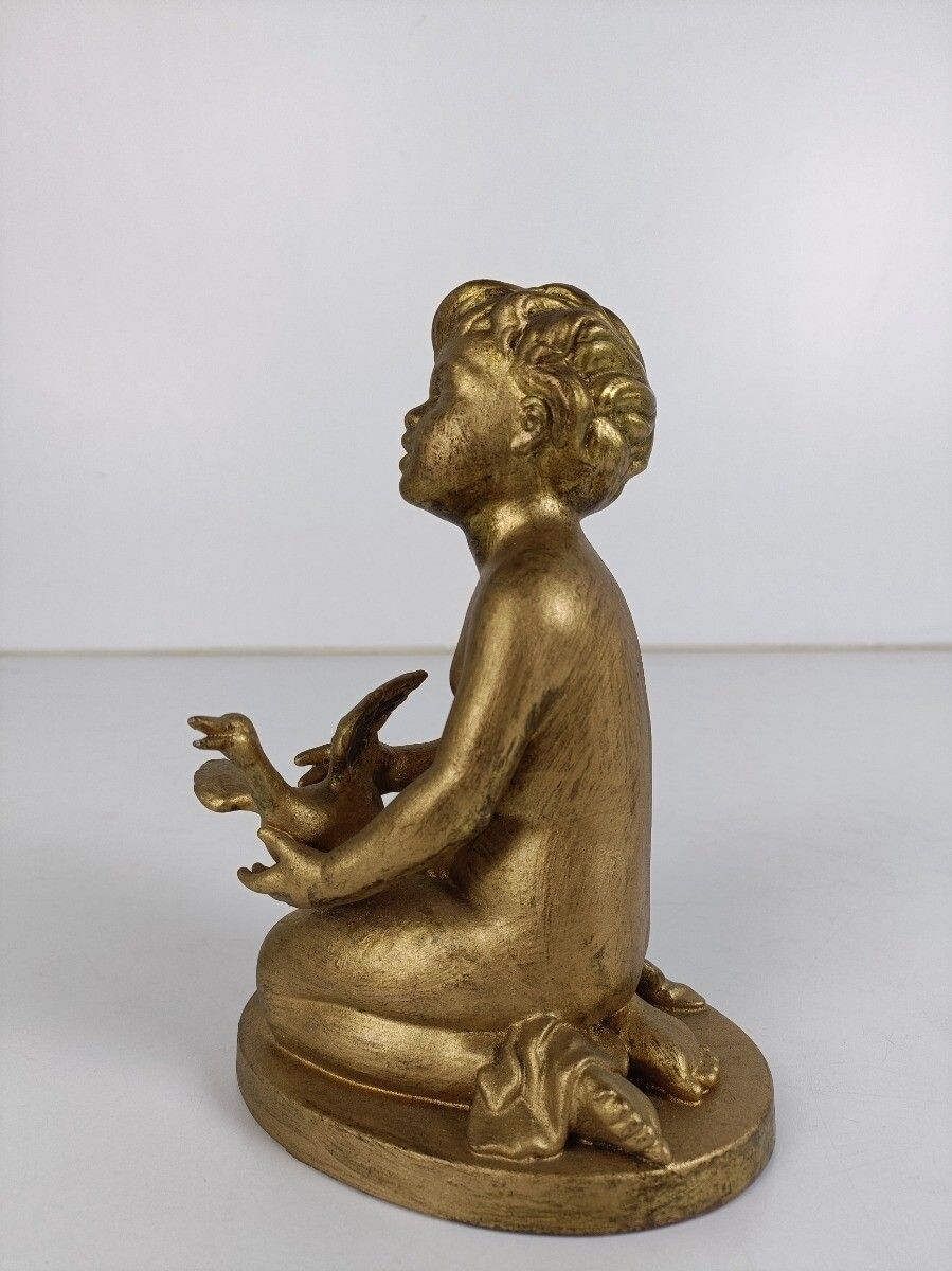 Statue Gold Gild Plaster Nude Boy Putti With Duck After Jacob Ludwig Schmitt Vin photo vinterior