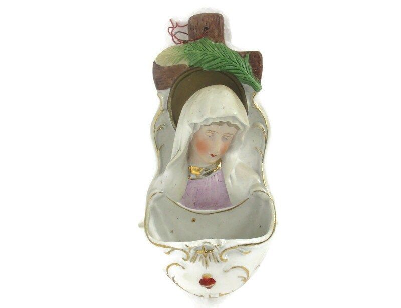 Porcelain Bisque Holy Water Font Vessel Virgin Mary Our Lady Of Sorrows  Wall Ha
