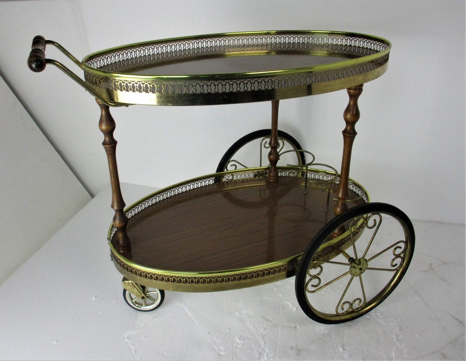 Oval Bar Cart Trolley Cocktail Kitchen Island  Tray Hollywood Regency Funky Vtg photo vinterior