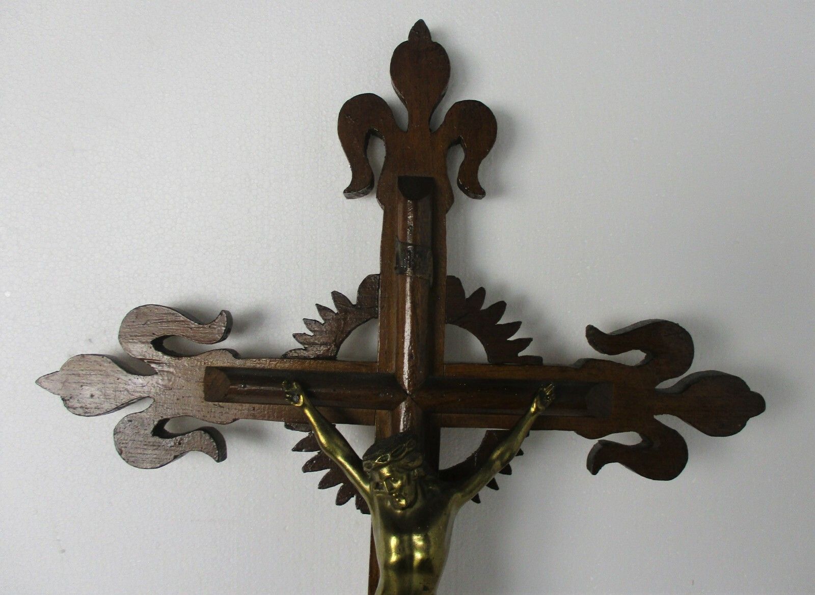 Xl Hand Carved Wood  French Hanging Ornate Crucifix Jesus Christ Fleur De Lis photo for sale