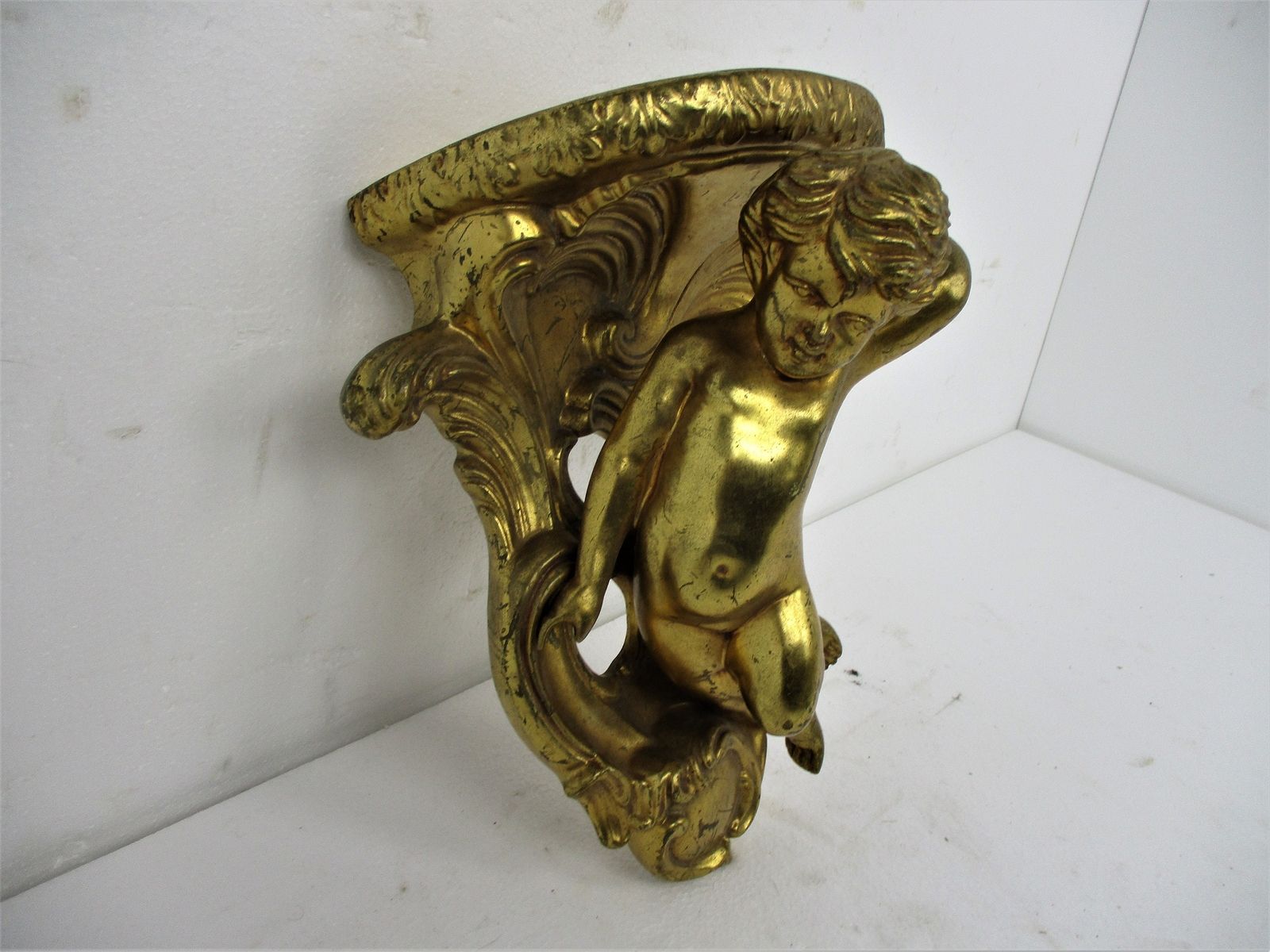 Ornate Wall Mounted Putti Console Shelf Rack Gold Gilded Hollywood Regency Corbe photo for sale