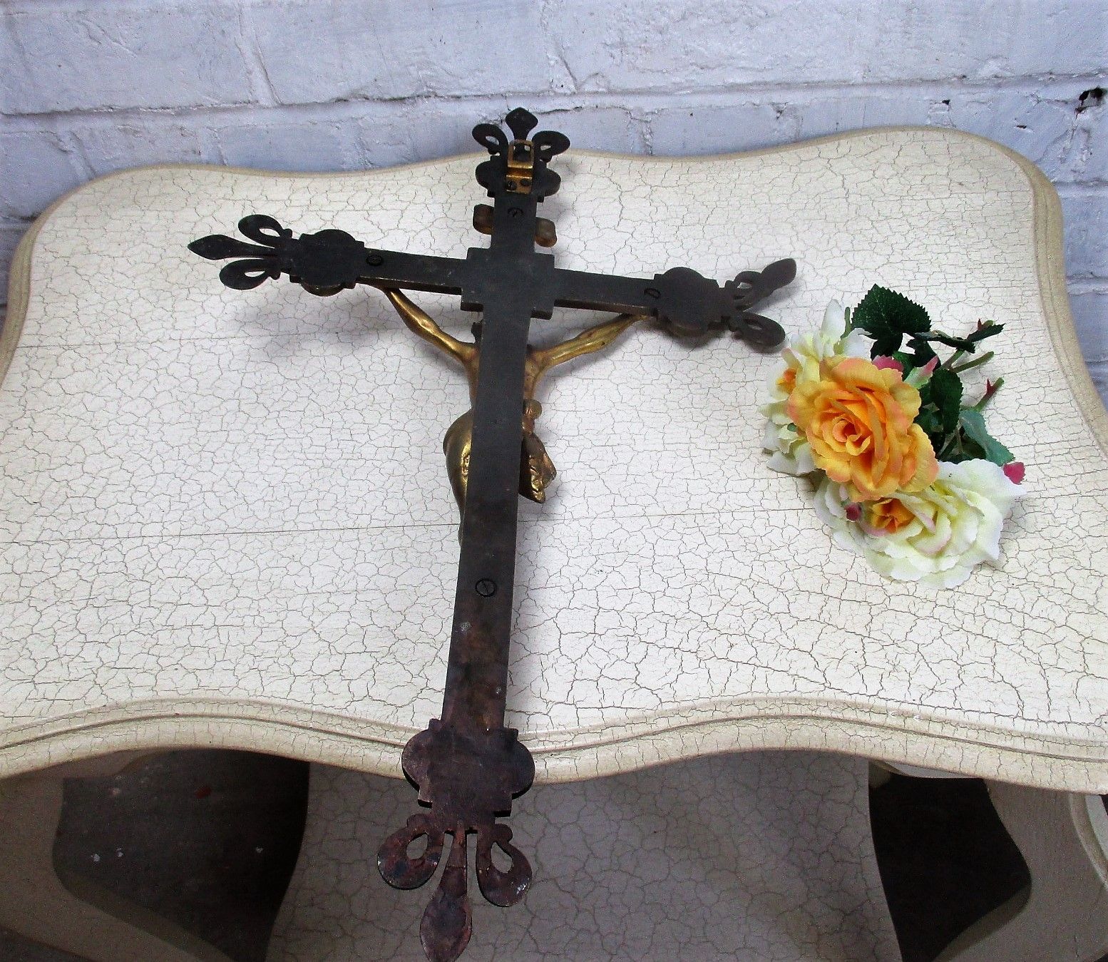 French Hanging Ornate Crucifix Cross Brass Jesus Christ  Fleur De Lis Wow 20.47" photo 182.0