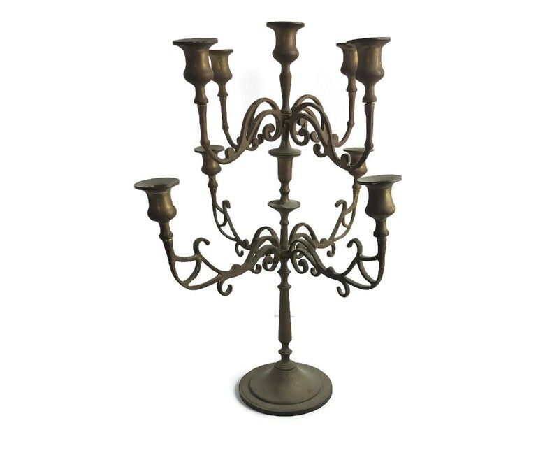 Antique Gorgeous Brass  Ornate Candle Holder Candelabra 9 Arm Centerpiece Wow