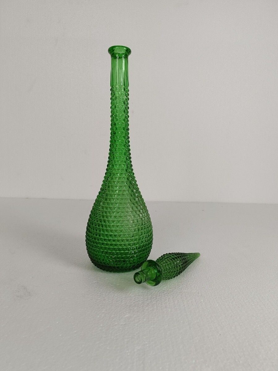 Italy Empoli Vintage Art Bubbled Glass Green Bottle Italian Decorative Pop Art photo for sale