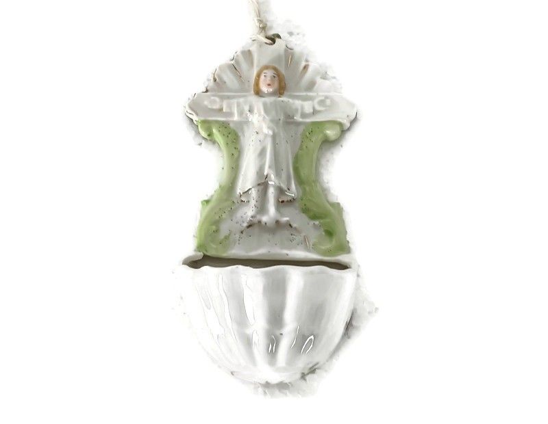 Small Porcelain Antique Holy Water Font Vessel Jesus Christ Lovely Wall Hanging