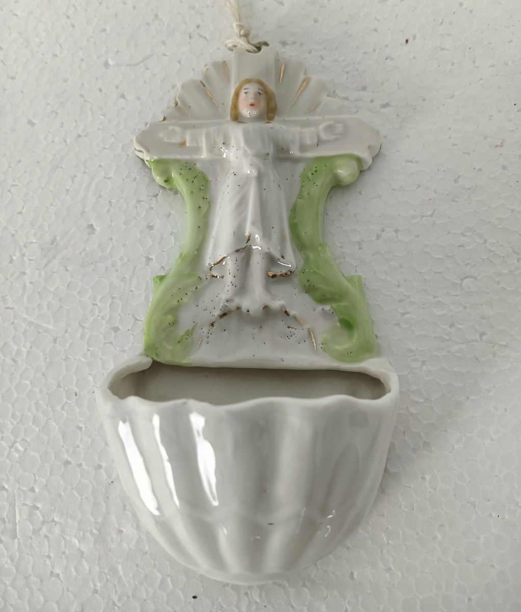 Small Porcelain Antique Holy Water Font Vessel Jesus Christ Lovely Wall Hanging photo furniture