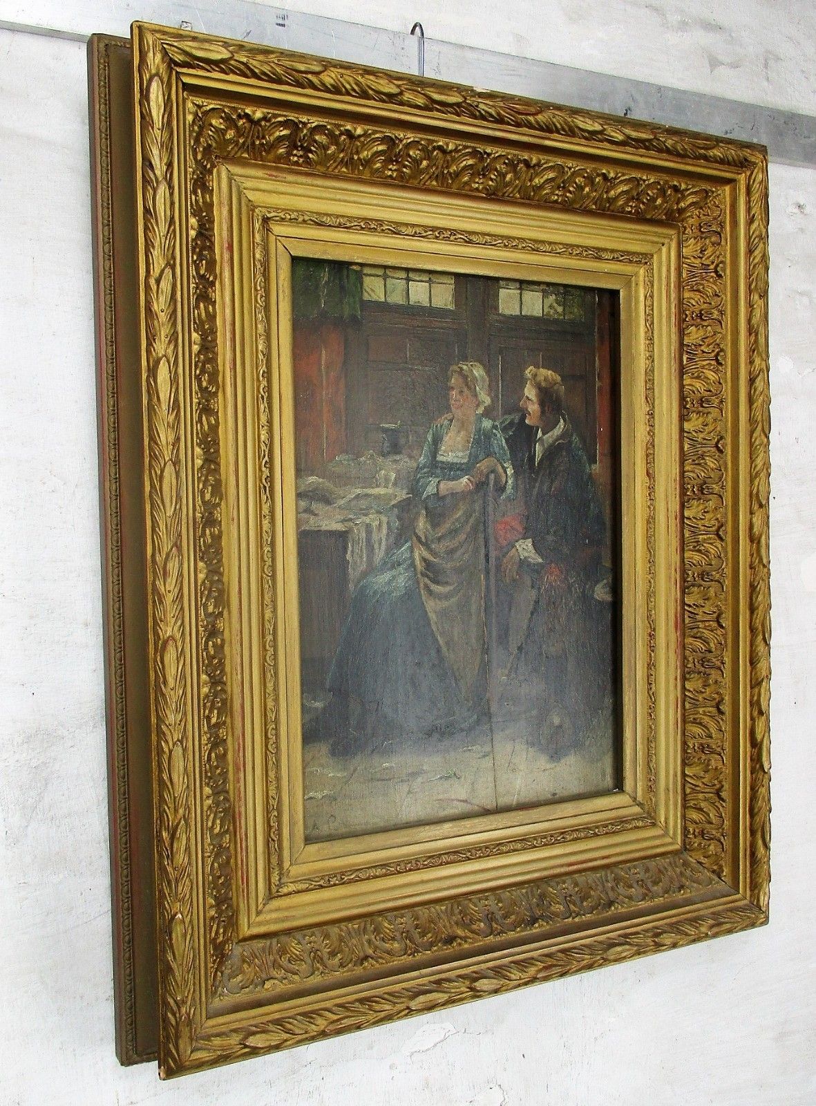 Oil Painting On Wood  Framed Couple In Bar Victorian Scene Gorgeous Frame Signed photo furniture