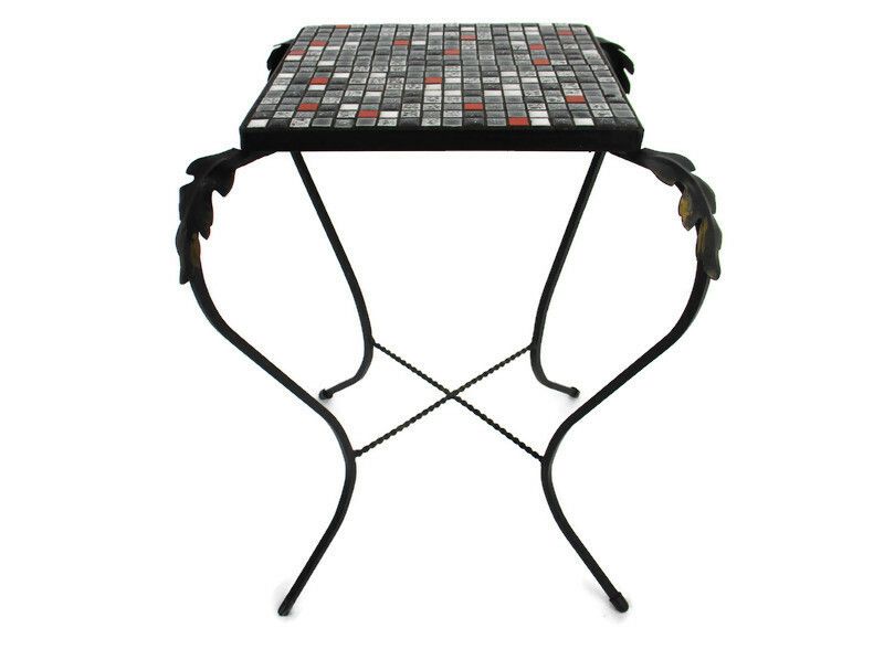 Vintage Small Side Table Plant Stand Mosaic Tiles Checkered Pattern Wrought Iron